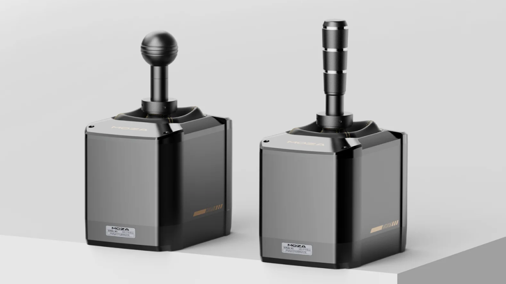 Close-up view of the Moza Active Shifter mounted on a sim racing cockpit showing the aluminum housing, gold accents, and detachable shifter knob.