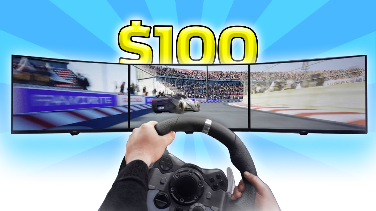 A budget friendly sim racing setup using a used Logitech or Thrustmaster wheel mounted on a desk, demonstrating how beginners can build a complete racing simulator for under one hundred dollars.
